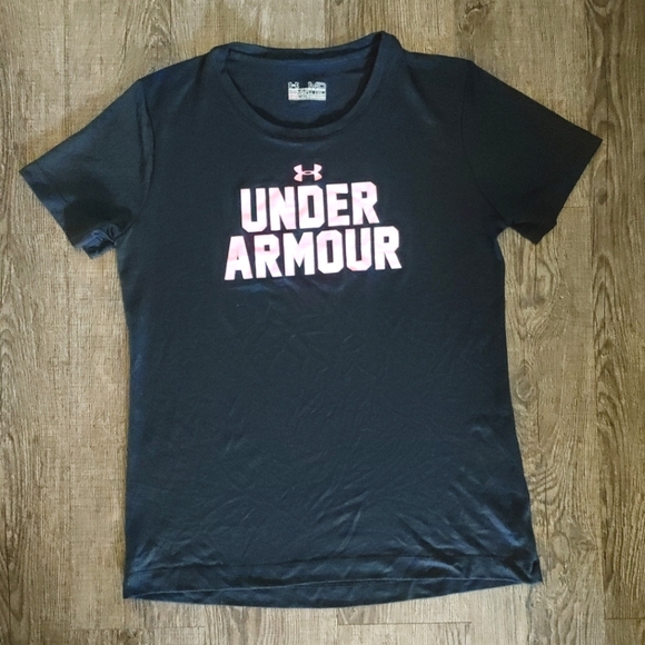 Under Armour Women's T-shirt Size Medium Semi-Fitted Heat Gear Black Spell Out - Picture 1 of 12